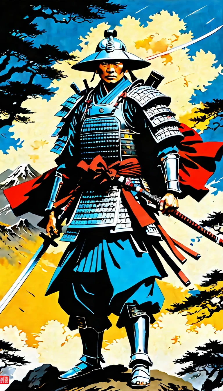 Physical rendering, portraits, ultra-fine paintings, extremely detailed descriptions, Akira Kurosawa's movie-style posters, and full-body shots of a 48-year-old man embody the samurai spirit of Japan's Warring States Period, with a mysterious female warrior wearing armor and waving a sparkling Seemingly bursting with wordless power, this striking depiction of the Katana Samurai depicts a ferocious and formidable male warrior in battle. The image demonstrates the intensity of the warrior man's gaze and the intricate craftsmanship of the armor. Each intricately detailed depiction mesmerizes the viewer, immersing them in the extraordinary skill and artistry captured in this extraordinary piece, surreal, Vincent van Gogh style, FW Murano style, GALAXY full body armor , black smoke column, 135mm, detailed key vision, dark atmospheric effects, highly realistic epic ultra-wide-angle lens,wong-meiku,papat