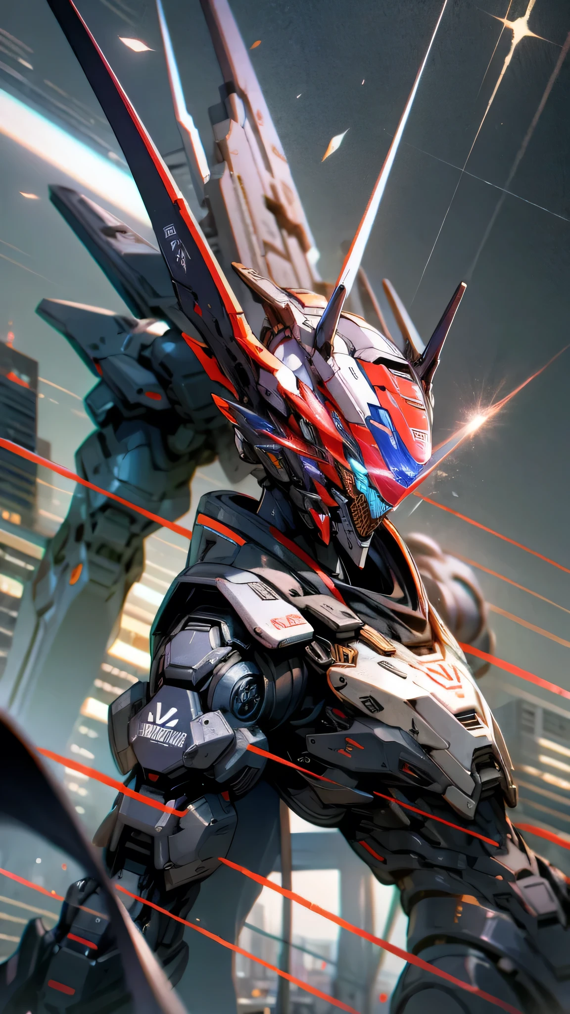 最high quality、Best image quality、masterpiece、Giant Mecha((Humanoid、Black body、Railgun、Body Armor、Jetpack、Red visor、Full burst、Laser firing))high quality、Beautiful art、background((City)),Tabletop、Exquisite design、Visual Arts、Depth of written boundary、Best lighting、Highest detail、8k