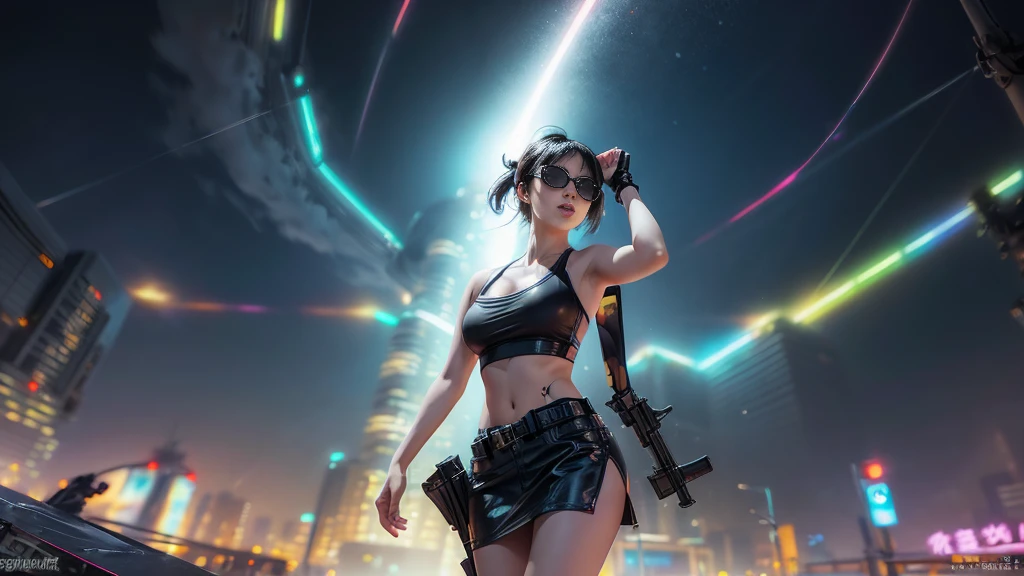 8k, Realistic Skin Texture, Realistic Photo, Neo Tokyo, slim Japanese women, large-breast:1.3 cleavage:1.2, AD2050 at night, Dirty hunting jacket, Wearing tube top, miniskirt, (((black sunglasses, automatic rifle, sneakers, cold, shooting pose, low angle view))), Innovative composition, revenge, cyberpunk, blade runner worldview, Large neon sign, Geisha hologram sign, Strong Wakamoto Sign.