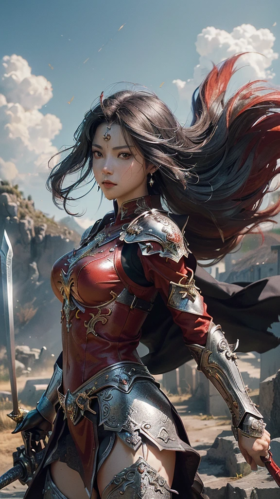 "(top quality: 1.2), masterpiece, highly detailed 8K UHD, ((Official art)), cg, 1 highly detailed goddess of war, Standing majestically on the ruins of a fallen kingdom, (Dynamic posture: 1.3), Armor details reflect the essence of the conflict, (Fine details), Shining light, Areas of strong light, (Armor with historical significance:1.2), Metallic shimmering armor, (Magic symbols shine on the armor:1.3), (Magical magic swirls around it:1.3) , Long black hair with details fluttering in the wind, Holding a detailed weapon, (Sharp, shining sword:1.3), Shining eyes full of determination and vision, ((Silver armor)), Super detailed shield with a symbol of fortitude, (intense expression :1.1) , (behind him, a new Kingdom rises into the sky: 1.4), (Light emphasizes its dominance and rebirth behind:1.4), (Fiery red flag flutters:1.1), (Wind carries with it whispers of new beginnings:1.1), great bird ,(Wisdom and rebirth:1.2), (powerful attitude:1.2), (Extraordinary mystical power:1.2), solo, (shiny sweat:1.1), armor decorated with jewels, (Contrast of Silver and Gold:1.3 ), (Overall red color covering the scene:1.4)"