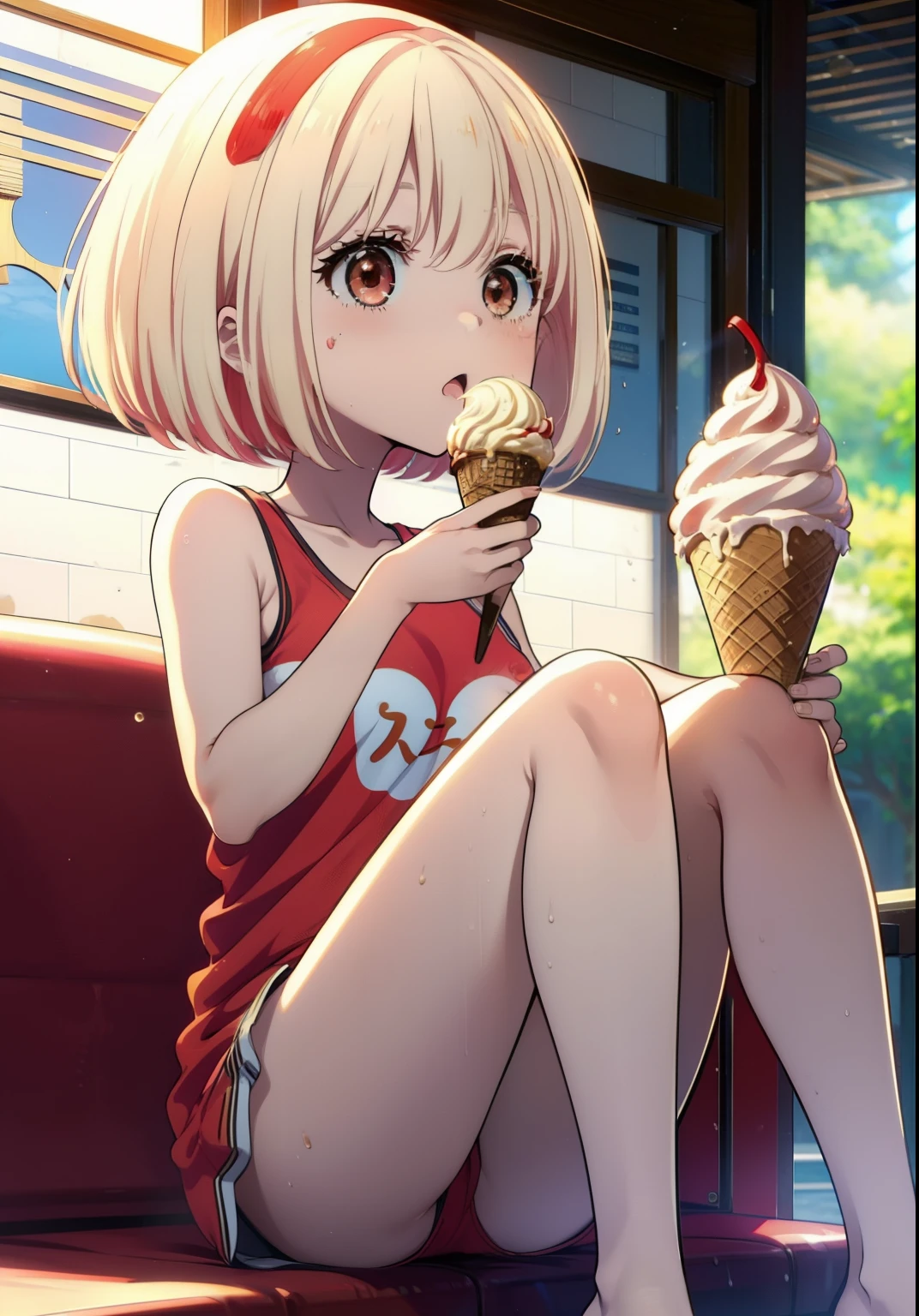 Chisato Nishikigi, short hair, bangs, Blonde, (Red eyes:1.5), Bobcut,smile,Open your mouth,Sweat,Red Tank Top,Shorts,barefoot,barefoot,Sitting on the sofa,Holding an ice cream in one hand,Eating ice cream,Daytime,True Summer,whole bodyがイラストに入るように,
break outdoors,room,
break looking at viewer, whole body,
break (masterpiece:1.2), Highest quality, High resolution, unity 8k wallpaper, (figure:0.8), (Beautiful attention to detail:1.6), Highly detailed face, Perfect lighting, Highly detailed CG, (Perfect hands, Perfect Anatomy),