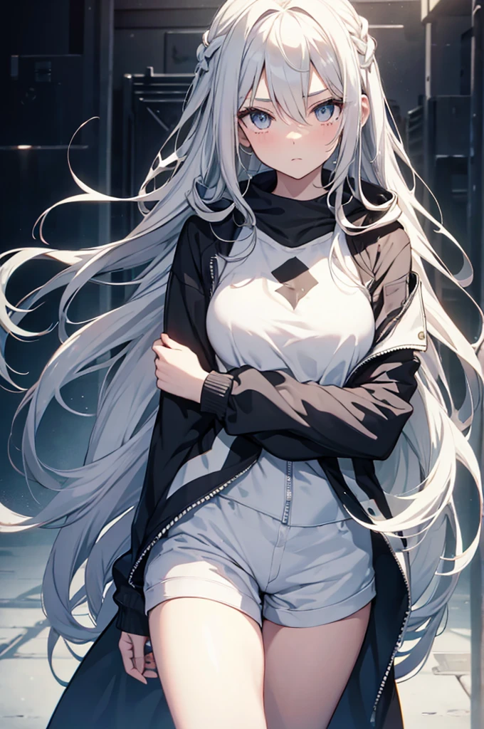 1girl, {Solitary}, Upper Body ,{{ {Watching at viewer}}}, Arms at your sides, Concept Art, white Background, simple Background, White hair, Silver gradient hair , Composite cloth, Asymmetrical clothes, Virtual YouTuber, best quality, masterpiece, Dynamic Angle, guilty gear, guilty gear, guilty gear, cowboy_shooting, Watching_Back, grab, girl,Miss,woman, young,20 years old, Very long hair, Hair Flip, Silver Hair, Flowing hair, Ahog, giggle, Beautiful and delicate golden eyes, teeth, Moderate_breast, Blonde eyes, White skin, hoodie, Black_shorts, Gray clothes, transparent_Background, Backlighting, absurd, high resolution, Extremely detailed,Sweater without pants