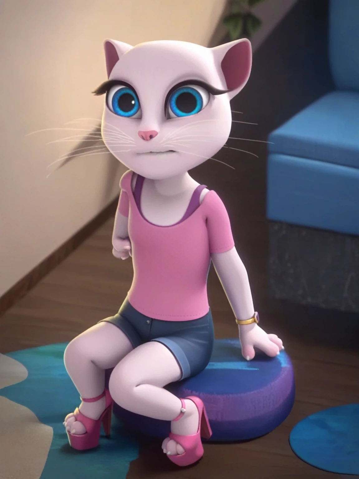 solo focus, a_la, 1girl, cat, white fur, long whiskers on both sides of the face, big bright blue eyes, big black eyelashes, small pink nose, triangular ears with pink channels, small breasts, looking at the viewer, sitting on penis, front view, fuck with legs together, platform high heels, score_9, score_8_up, score_7_up