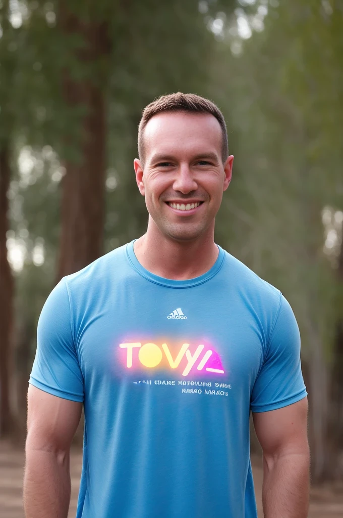 a man (Todder9) wearing colorful rave clothes (logo shirt), short hair, detailed skin, fill lighting, street photography, rave party neon lights spotlight, at festival rave