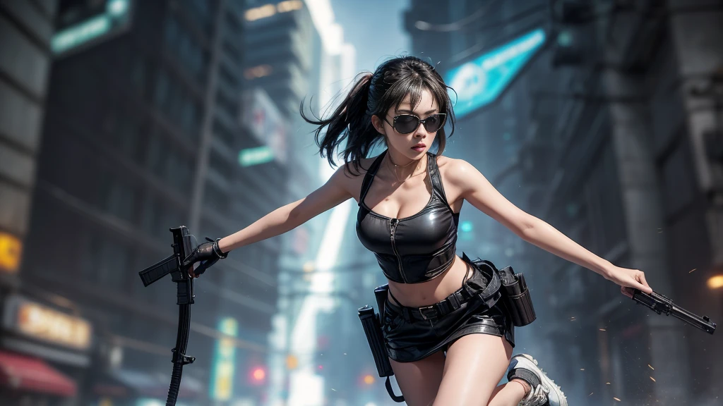 8k, Realistic Skin Texture, Realistic Photo, Neo Tokyo, slim Japanese women, large-breast:1.3 cleavage:1.2, AD2050 at night, Dirty hunting jacket, Wearing tube top, miniskirt, (((black sunglasses, automatic rifle, sneakers, cold, shooting pose, low angle view))), Innovative composition, revenge, cyberpunk, blade runner worldview, Large neon sign, Geisha hologram sign, Strong Wakamoto Sign.