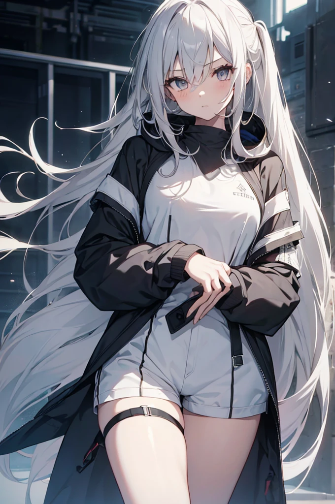 1girl, {Solitary}, Upper Body ,{{ {Watching at viewer}}}, Arms at your sides, Concept Art, white Background, simple Background, White hair, Silver gradient hair , Composite cloth, Asymmetrical clothes, Virtual YouTuber, best quality, masterpiece, Dynamic Angle, guilty gear, guilty gear, guilty gear, cowboy_shooting, Watching_Back, grab, girl,Miss,woman, young,20 years old, Very long hair, Hair Flip, Silver Hair, Flowing hair, Ahog, giggle, Beautiful and delicate golden eyes, teeth, Moderate_breast, Blonde eyes, White skin, hoodie, Black_shorts, Gray clothes, transparent_Background, Backlighting, absurd, high resolution, Extremely detailed,sweater,No pants