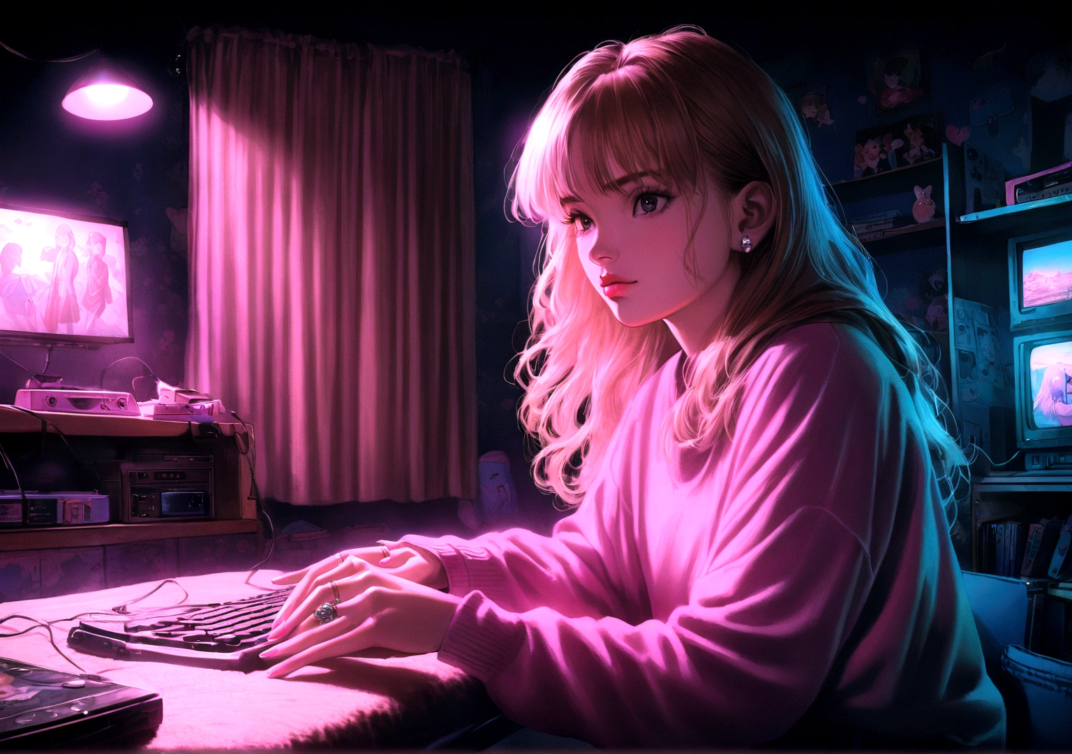 Anime Background,90s teen bedroom , Half realistic, Ring lighting , Prisma, Cinematic,pastel