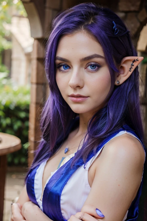 Beautiful and magical elf with big blue eyes and violet hair