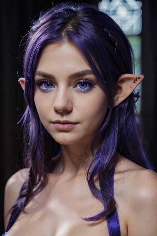 Beautiful and magical elf with big blue eyes and violet hair