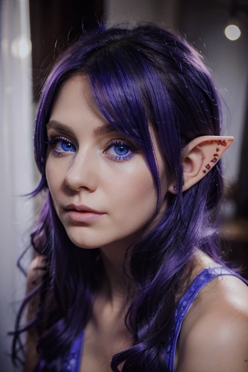Beautiful and magical elf with big blue eyes and violet hair