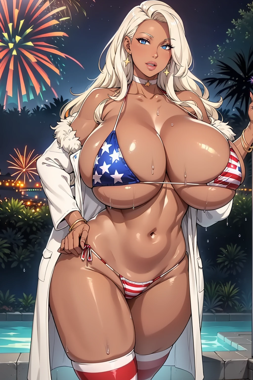 mature female, mom, milf, 40 year old woman, (((very dark skin:1.3))), ((bimbo))), blue eyes, messy blonde hair, very long hair, ((big hair)), ((red lips)), (thick lips), (puffy lips), smile, parted lips, slim waist, hourglass figure, tall, (wide hips), (((huge thighs))), huge ass, smile, parted lips, enormous huge natural breasts, deep cleavage, (hanging breasts), navel, (slim waist), tall, oily breasts, (american flag bikini), micro bikini, ((american flag print)), (big star earrings), bracelets, choker, fur trim coat, open coat, thighhighs, bare shoulders, (sexy pose), arms up, (hand on own chest),hip and thigh focus, ((wet)), oily breasts, realistic lighting, outdoors, city, palm trees, (fireworks:1.2), nightsky, moon, (neon lights), (front view), walking, hand on hip
