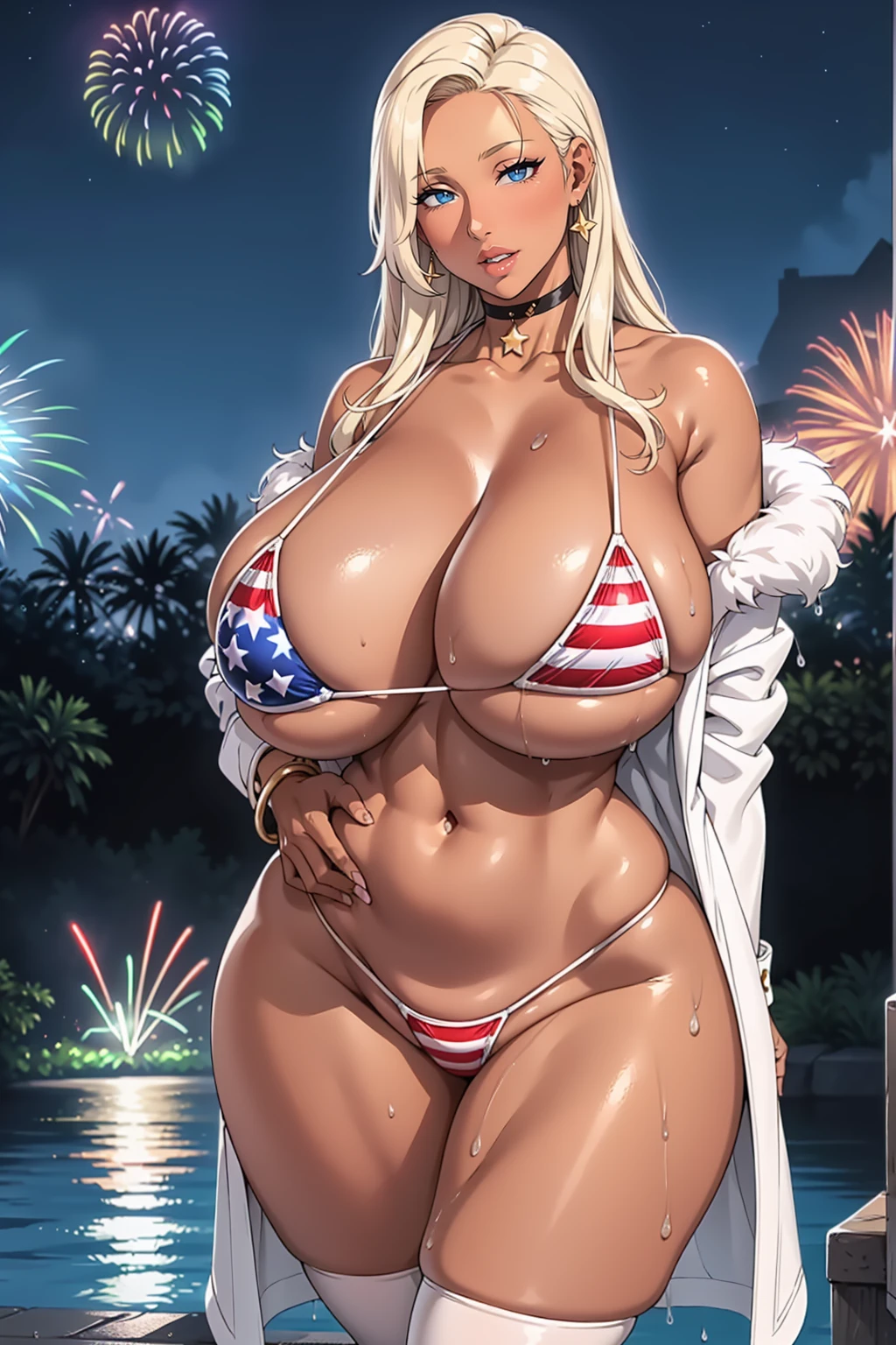 mature female, mom, milf, 40 year old woman, (((very dark skin:1.3))), ((bimbo))), blue eyes, messy blonde hair, very long hair, ((big hair)), ((red lips)), (thick lips), (puffy lips), smile, parted lips, slim waist, hourglass figure, tall, (wide hips), (((huge thighs))), huge ass, smile, parted lips, enormous huge natural breasts, deep cleavage, (hanging breasts), navel, (slim waist), tall, oily breasts, (american flag bikini), micro bikini, ((american flag print)), (big star earrings), bracelets, choker, fur trim coat, open coat, thighhighs, bare shoulders, (sexy pose), arms up, (hand on own chest),hip and thigh focus, ((wet)), oily breasts, realistic lighting, outdoors, city, palm trees, (fireworks:1.2), nightsky, moon, (neon lights), (front view), walking, hand on hip