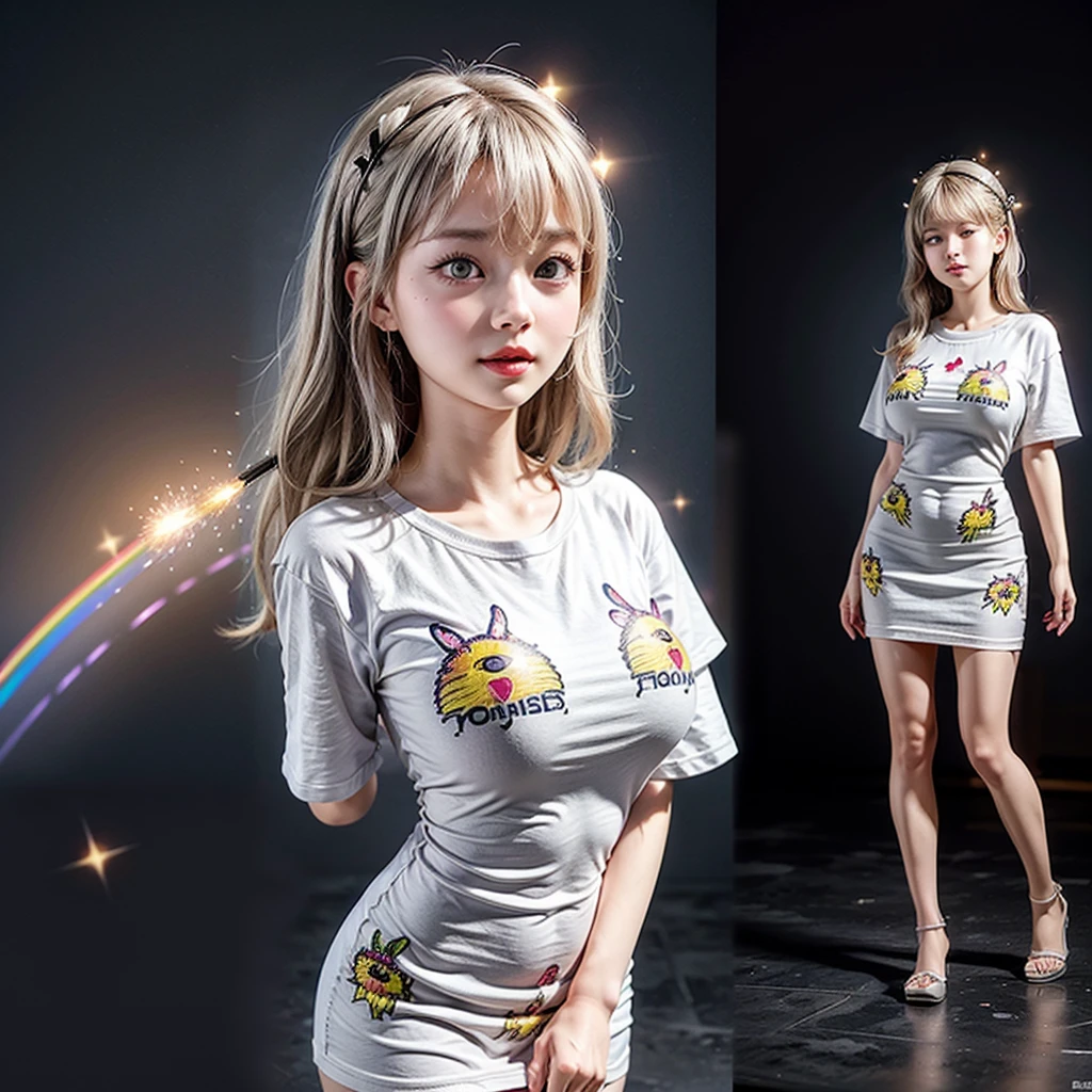 White and Bright Red, (Masterpiece 8K TopQuality:1.2) (ProfessionalPhoto:1.37) ExtremelyDetailed (((FullBody, KAWAII girl with HUGE boobs:1.37)) in (WHITE cotton T-shirt dress:1.28) with (Life-Size her face printed on it:1.37)) detailed (Delicate cotton textures) PerfectLighting (((Studio Dark GRAY Background)) with (Overflowing Oodles  Dazzling RainbowColor Particles:1.34))  BREAK  (((NOGIZAKA FaceVariations))), Extremely Detailed (very KAWAII Face), Childish CaptivatingGaze Stunning ParfectEyes ElaboratePupils with (SparklingHighlights:1.28), DoubleEyelids with (Detailed Voluminous LongEyelashes:0.88), Small GlossyRedLips with BeautifulDetails, CoquettishTongue, PUNIPUNI RosyCheeks, Radiant PearlSkin with Transparency, Glowing DowneyHair . { (Dynamic Joyful expressions LifeLike Rendering:1.4) | (:d) }, (large eyes:-1) . 