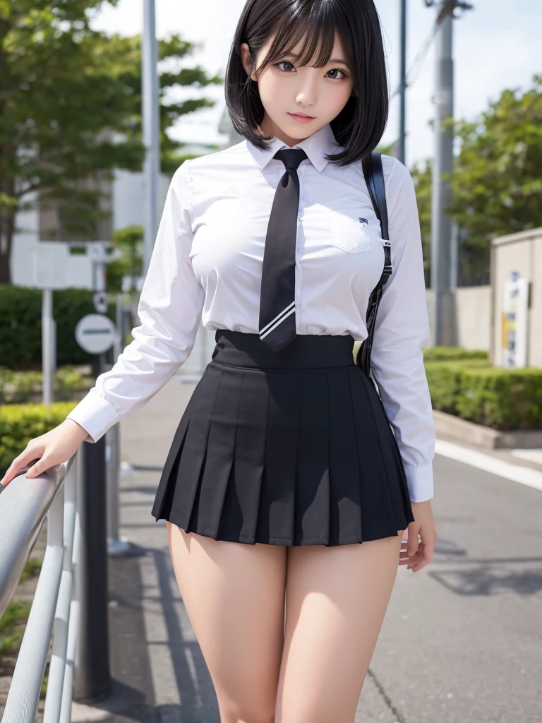 underwear, photo of 20 y.o lady, cute, panties, ((kpop idol)), lace panties, sitting, pantyshot, spread legs, skirt, school uniform, white panties, socks, black hair, shirt, blurry, blurry background, kneehighs, white shirt, loafers, realistic, long hair, lips, brown eyes, black socks, bowtie, pleated skirt, bow, head rest, looking to the side, outdoors, brown footwear, masterpiece, best quality, ultra-detailed,