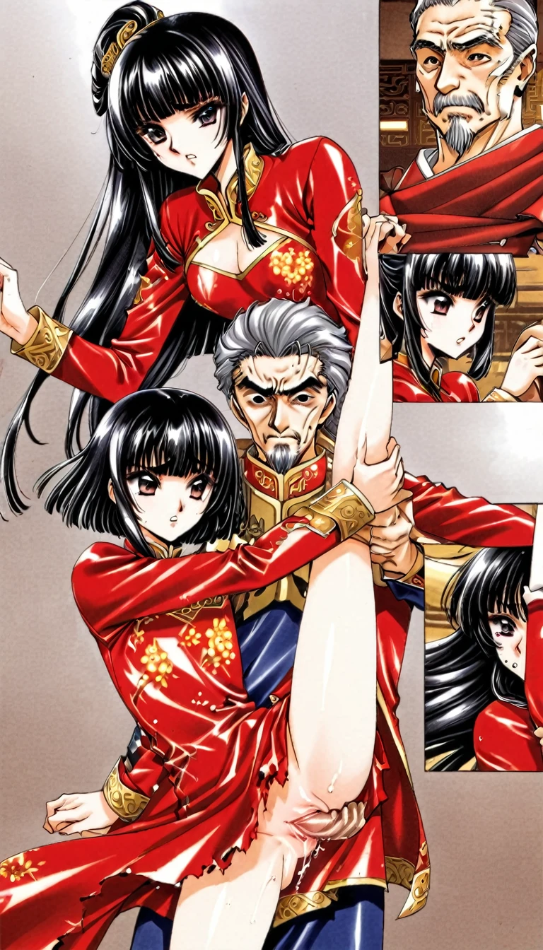 A tragic historical drama in 8k live-action style: Beautiful palace secrets Beautiful 10 year old Chinese Kung Fu girl princess with short black hair has very rough unwanted sex with old man emperor Gorgeous embroidery, Ultra glossy, She is wearing a shiny red top and bottom long sleeve floral kung fu suit.... Her clothes were forcibly torn off by the old man, exposing her genitals.