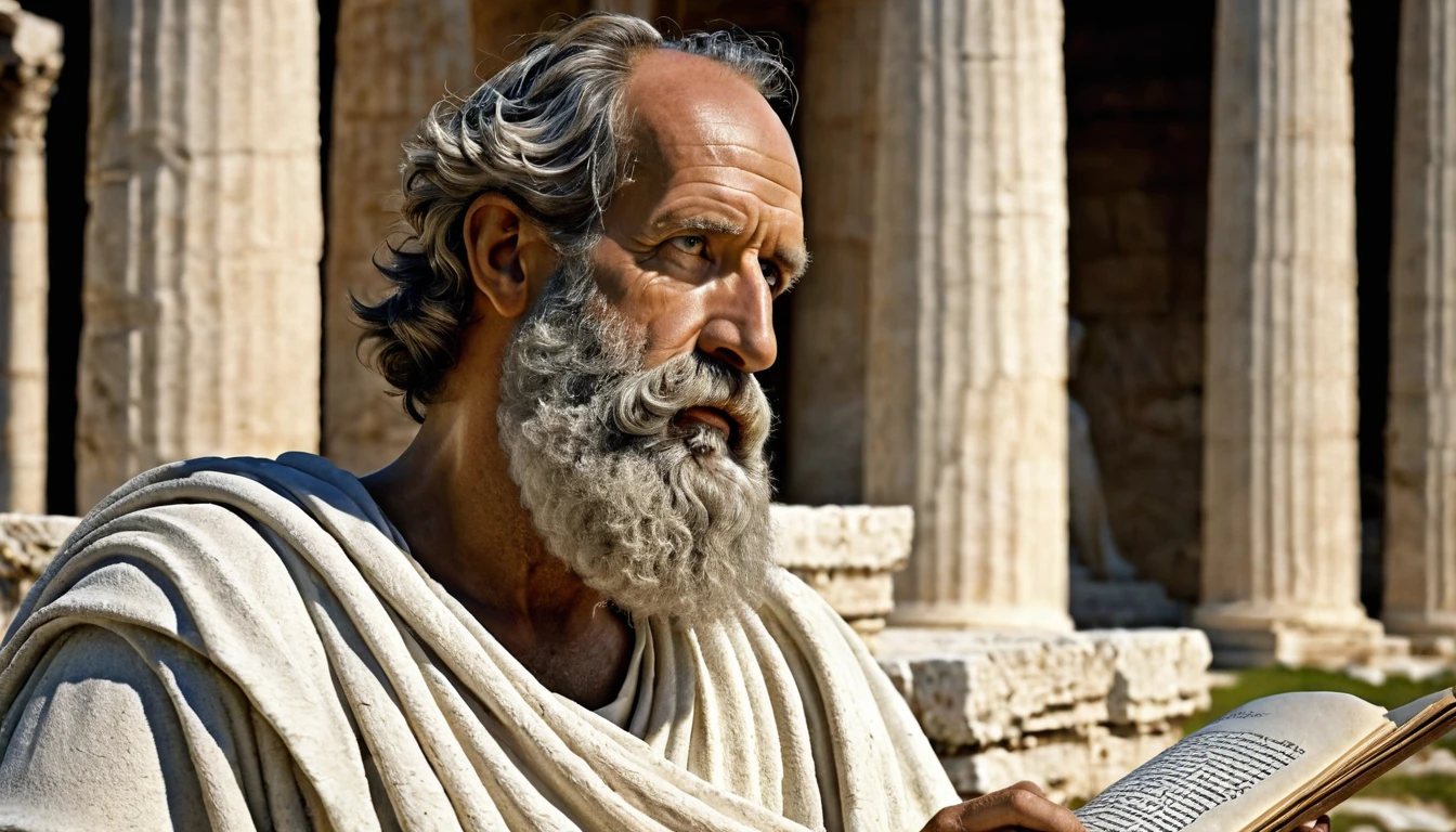 Homero
"Create a hyperrealistic, high-definition image of the ancient Greek poet Homer. Homer should be depicted as an older man with a flowing beard, holding a scroll, sitting near ancient Greek ruins. The background should include columns and statues. Use soft, dramatic lighting to highlight the details of his face and the texture of the scroll."