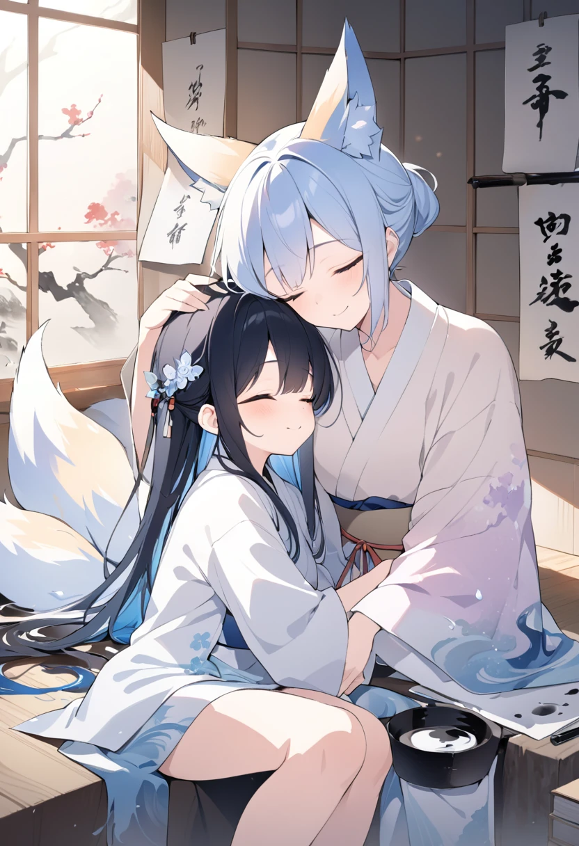 best quality, super fine, 16k, 2.5D, delicate and dynamic depiction, fox spirit stroking the head of sleeping on his lap, gentle loving smile, effects wrapped in soft colors and light, fusion of watercolors and oil paintings, calligraphy, ink, shading, gradation, Japanese paper quality