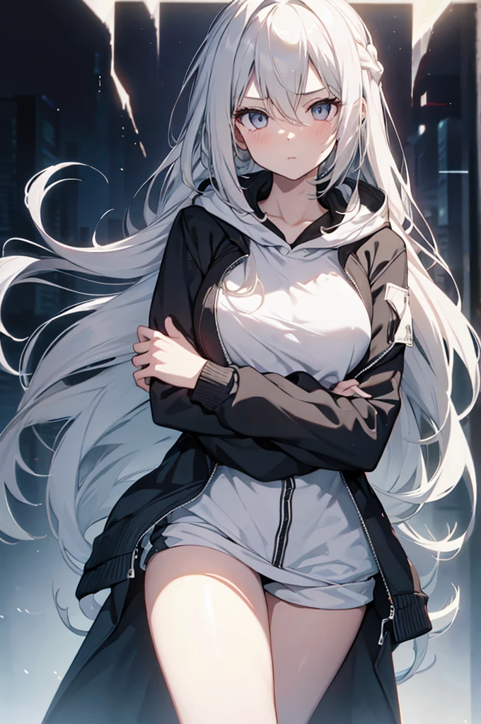 1girl, {Solitary}, Upper Body ,{{ {Watching at viewer}}}, Arms at your sides, Concept Art, white Background, simple Background, White hair, Silver gradient hair , Composite cloth, Asymmetrical clothes, Virtual YouTuber, best quality, masterpiece, Dynamic Angle, guilty gear, guilty gear, guilty gear, cowboy_shooting, Watching_Back, grab, girl,Miss,woman, young,20 years old, Very long hair, Hair Flip, Silver Hair, Flowing hair, Ahog, giggle, Beautiful and delicate golden eyes, teeth, Moderate_breast, Blonde eyes, White skin, hoodie, Black_shorts, Gray clothes, transparent_Background, Backlighting, absurd, high resolution, Extremely detailed,Sweater without pants