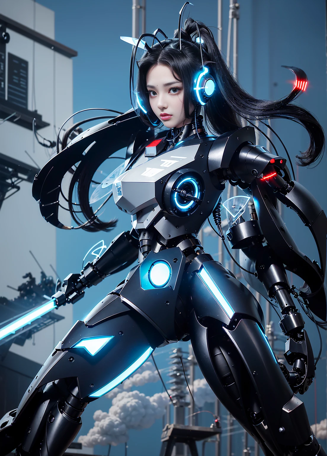 Super Detail, High Detail, high quality, best quality, High resolution，a robot valkyrie，Beautiful female robot,beautiful clear face(Rain waves_haneame：1.5)(Transparent face mask covering)，girl 1、best quality、masterpiece、超High resolution、Wearing a futuristic suit、Arad woman with red mechanical wings and sword, A girl wearing a blacK shiny mechanical cyber armor.., Cyberpunk Anime Girl Mecha, anime robotと有機物が混ざり合う, Mechanized BlacK ValKyrie Girl, 完美的anime robot女人, cute robot girl, Female mecha, A simple futuristic robot, Beautiful girl robot, Beautiful robot character design,((Super realistic details))， Realistic character art rendering 8K, anime robot、(red glowing eyes)、(There is a sword)、((Mai Shiranui))、long and high ponytail、((mechanical clothing:1.3))、((attacK posture:1.K、(((best quality)))、(((Mechanical headgear:1.3)))、(((well groomed face:1.3)))、(((expressionless)))、(((Internet headphones:1.3)))、(((long ear antenna:1.6)))、(((Animation related)))、(((The machine&#39;s eyes glow red:1.3)))