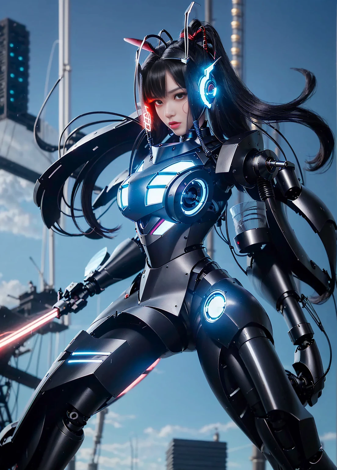Super Detail, High Detail, high quality, best quality, High resolution,a robot valkyrie,Beautiful female robot,beautiful clear face(Rain waves_haneame:1.5)(Transparent face mask covering),girl 1、best quality、masterpiece、超High resolution、Wearing a futuristic suit、Arad woman with red mechanical wings and sword, A girl wearing a blacK shiny mechanical cyber armor.., Cyberpunk Anime Girl Mecha, anime robotと有機物が混ざり合う, Mechanized BlacK ValKyrie Girl, 完美的anime robot女人, cute robot girl, Female mecha, A simple futuristic robot, Beautiful girl robot, Beautiful robot character design,((Super realistic details)), Realistic character art rendering 8K, anime robot、(red glowing eyes)、(There is a sword)、((Mai Shiranui))、long and high ponytail、((mechanical clothing:1.3))、((attacK posture:1.K、(((best quality)))、(((Mechanical headgear:1.3)))、(((well groomed face:1.3)))、(((expressionless)))、(((Internet headphones:1.3)))、(((long ear antenna:1.6)))、(((Animation related)))、(((The machine's eyes glow red:1.3)))