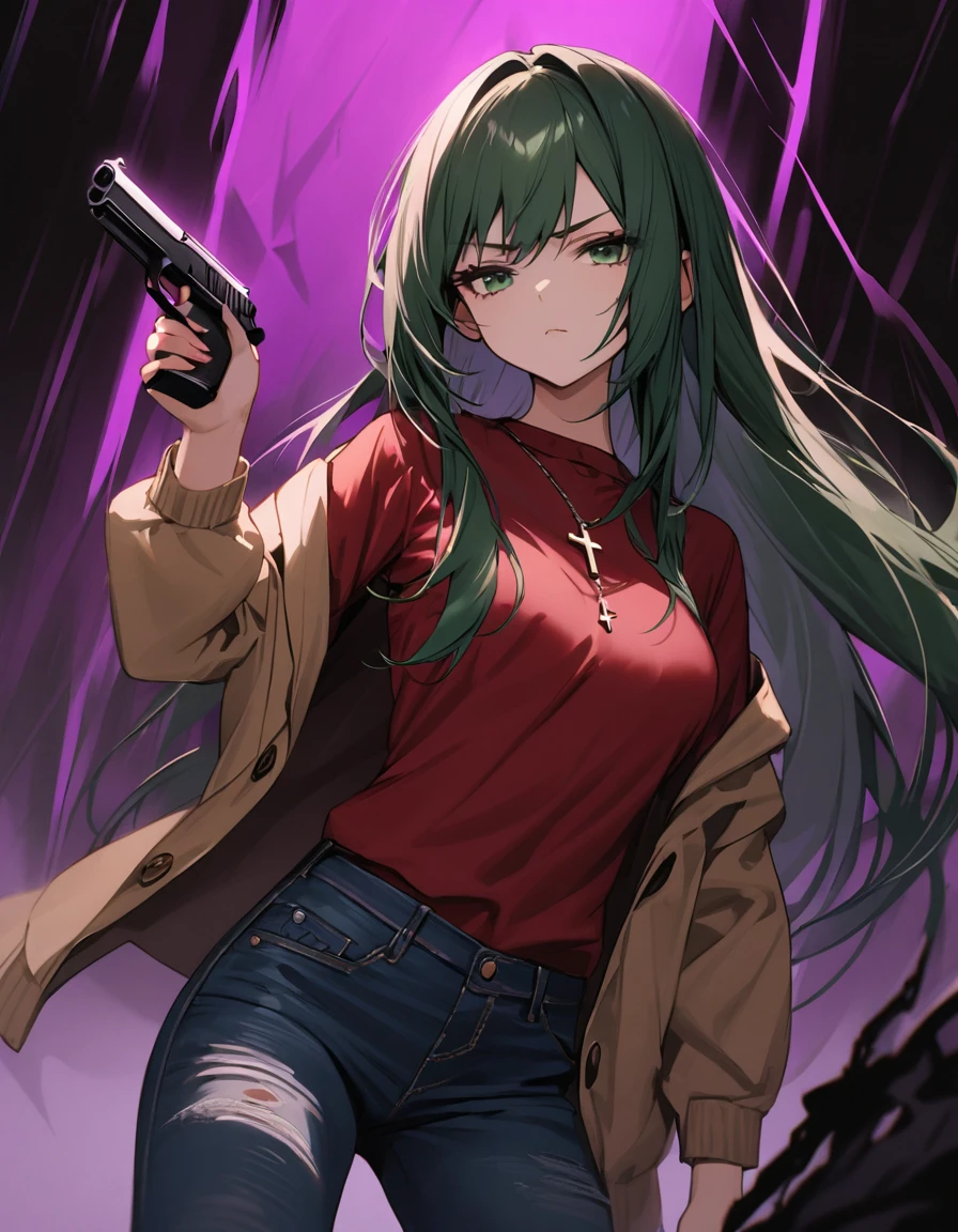 (masterpiece)、(absurdres)、(ultra detailed)、long shot,(shiny dark green hair)、(solo girl)、(dark green eyes)、 :0.8,(straight long hair)、BREAK,(casual beige jacket)、(red Tshirt)、(denim JEANS)、Cross Necklace:0.9、BREAK,Holding a handgun in your hand:1.2,Defensive Pose、angry,serious,half-closed eyes,dynamic angle,closed mouth,cowboy shot,side view:1.2,looking away:1.3,Bend one knee、Sit on the ground、A dark graveyard at night filled with monsters and demons:1.1、darkness,no lighting,purple fog:1.05、