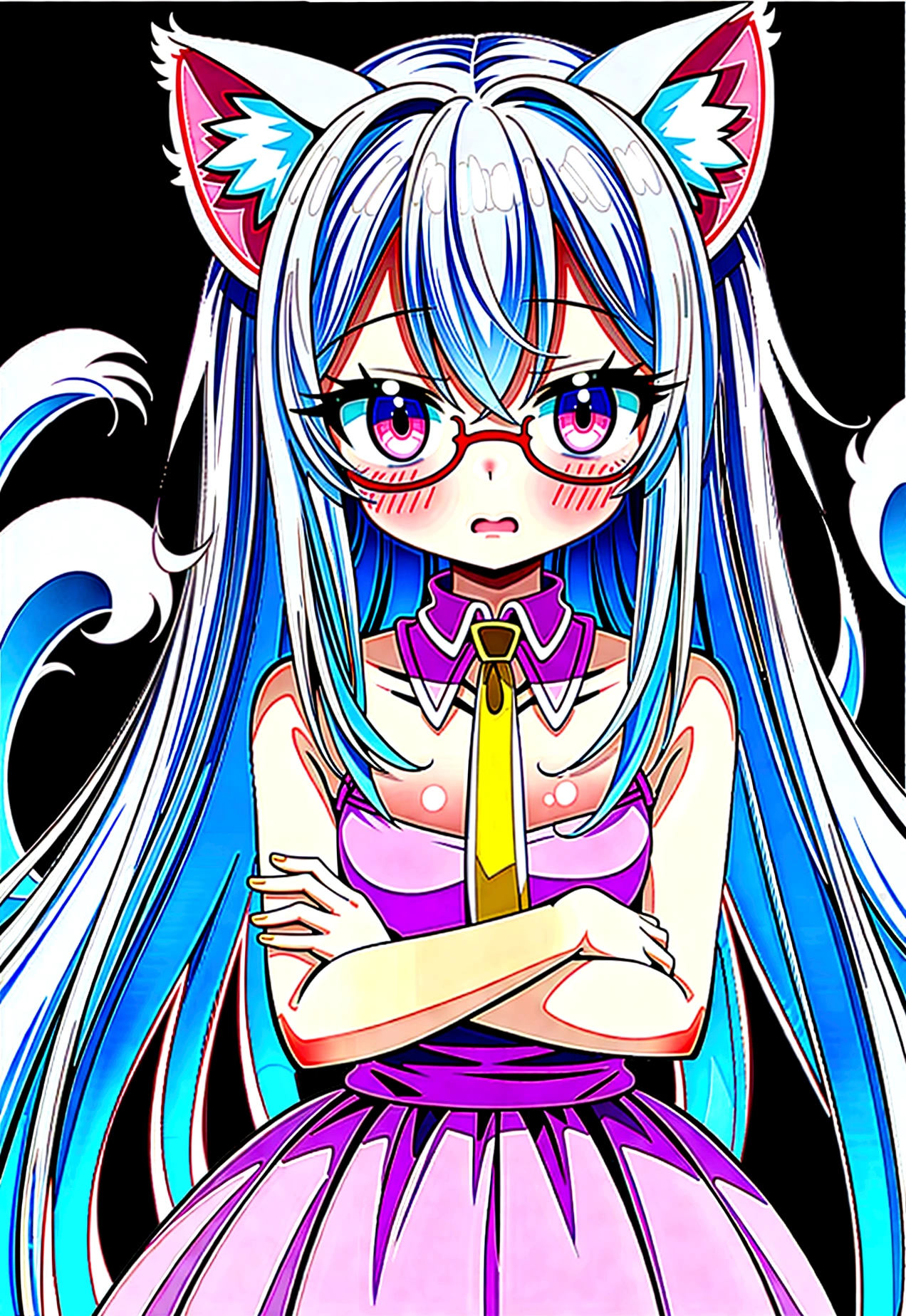 that has a fearful face, white hair, cat ears, yellow glasses and transparent super blushing pink eyes that has a towel around it and is in spaghetti and has a cat tail that is a super fearful girl