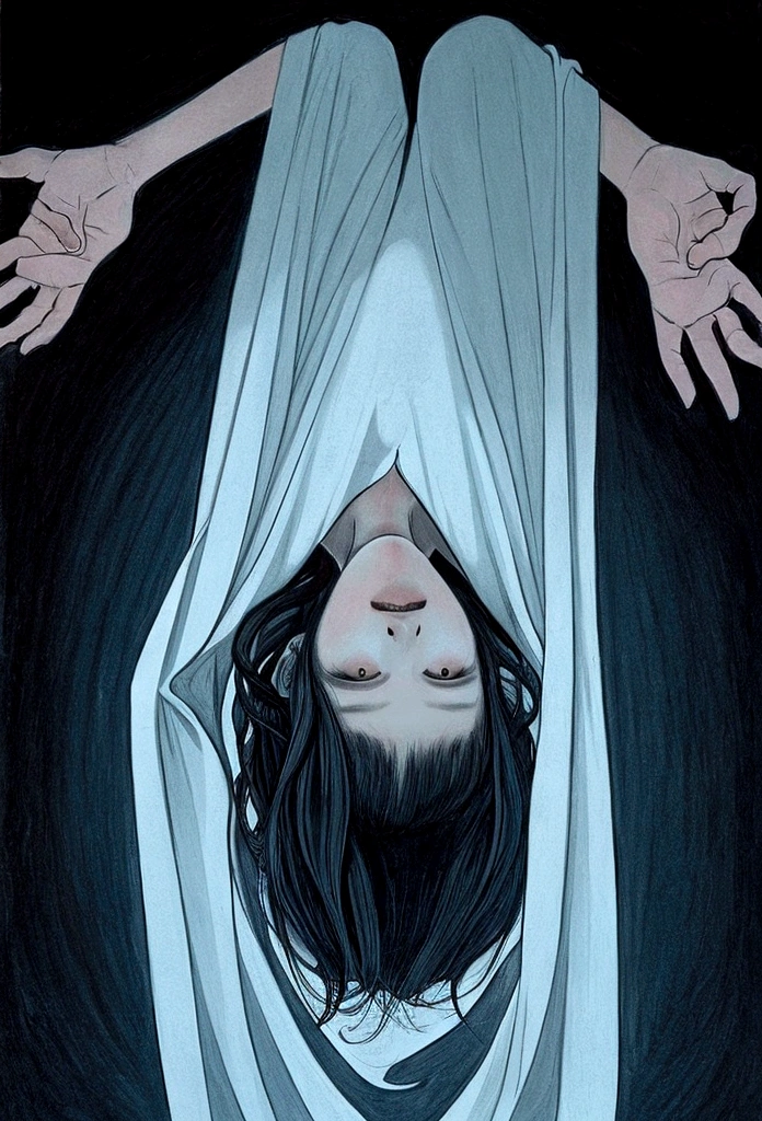 Draw a faceless ghost with long hair hanging upside down from the ceiling like a Korean horror movie