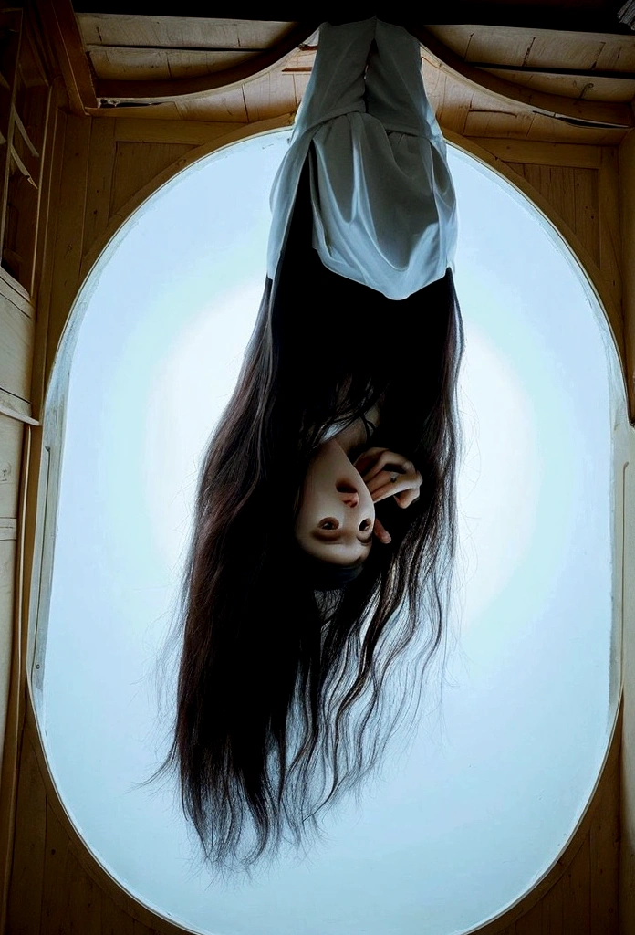 Draw a faceless ghost with long hair hanging upside down from the ceiling like a Korean horror movie