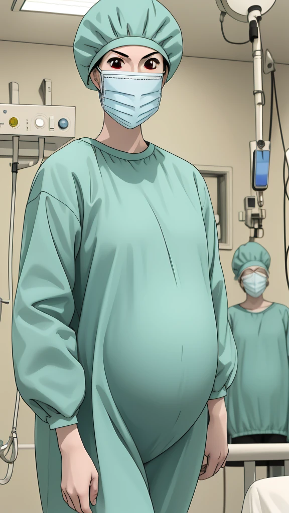 masterpiece, highest quality, (RAW photo, best quality), 1girl, frown, pale skin, red eyes, shy eyes, big breasts, pregnant, stand, natural lighting, solo, hospital, in the operating room, surgical bet,
ray kasugano, pregnant with big belly, (give a score of 9_give a score of 8_give a score of 7) long sleeve surgical gown, surgical cap, cover ears, surgical mask, long surgical gloves,