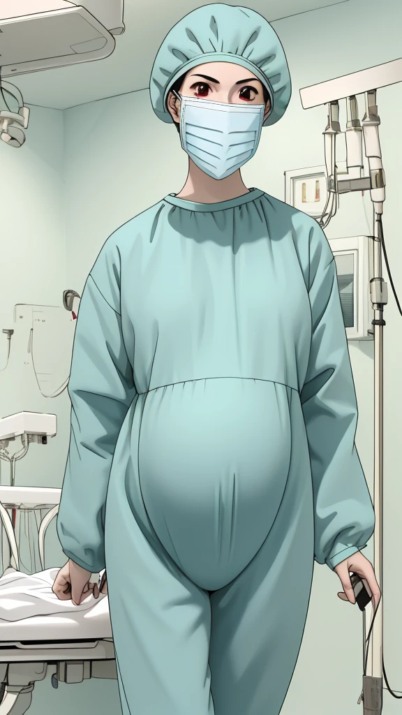 masterpiece, highest quality, (RAW photo, best quality), 1girl, frown, pale skin, red eyes, shy eyes, big breasts, pregnant, stand, natural lighting, solo, hospital, in the operating room, surgical bet,
ray kasugano, pregnant with big belly, (give a score of 9_give a score of 8_give a score of 7) long sleeve surgical gown, surgical cap, cover ears, surgical mask, long surgical gloves,