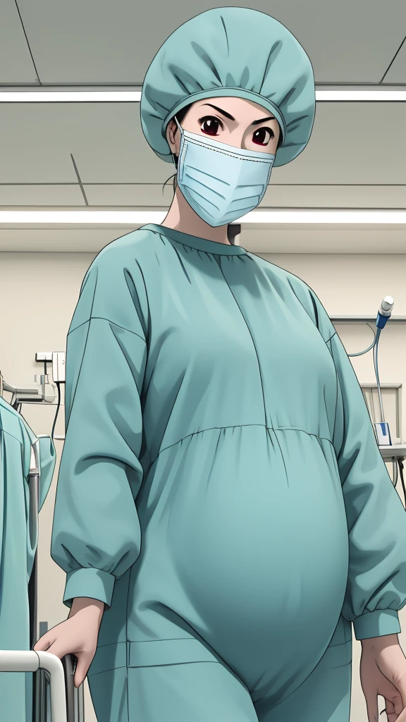 masterpiece, highest quality, (RAW photo, best quality), 1girl, frown, pale skin, red eyes, shy eyes, big breasts, pregnant, stand, natural lighting, solo, hospital, in the operating room, surgical bet,
ray kasugano, pregnant with big belly, (give a score of 9_give a score of 8_give a score of 7) long sleeve surgical gown, surgical cap, cover ears, surgical mask, long surgical gloves,