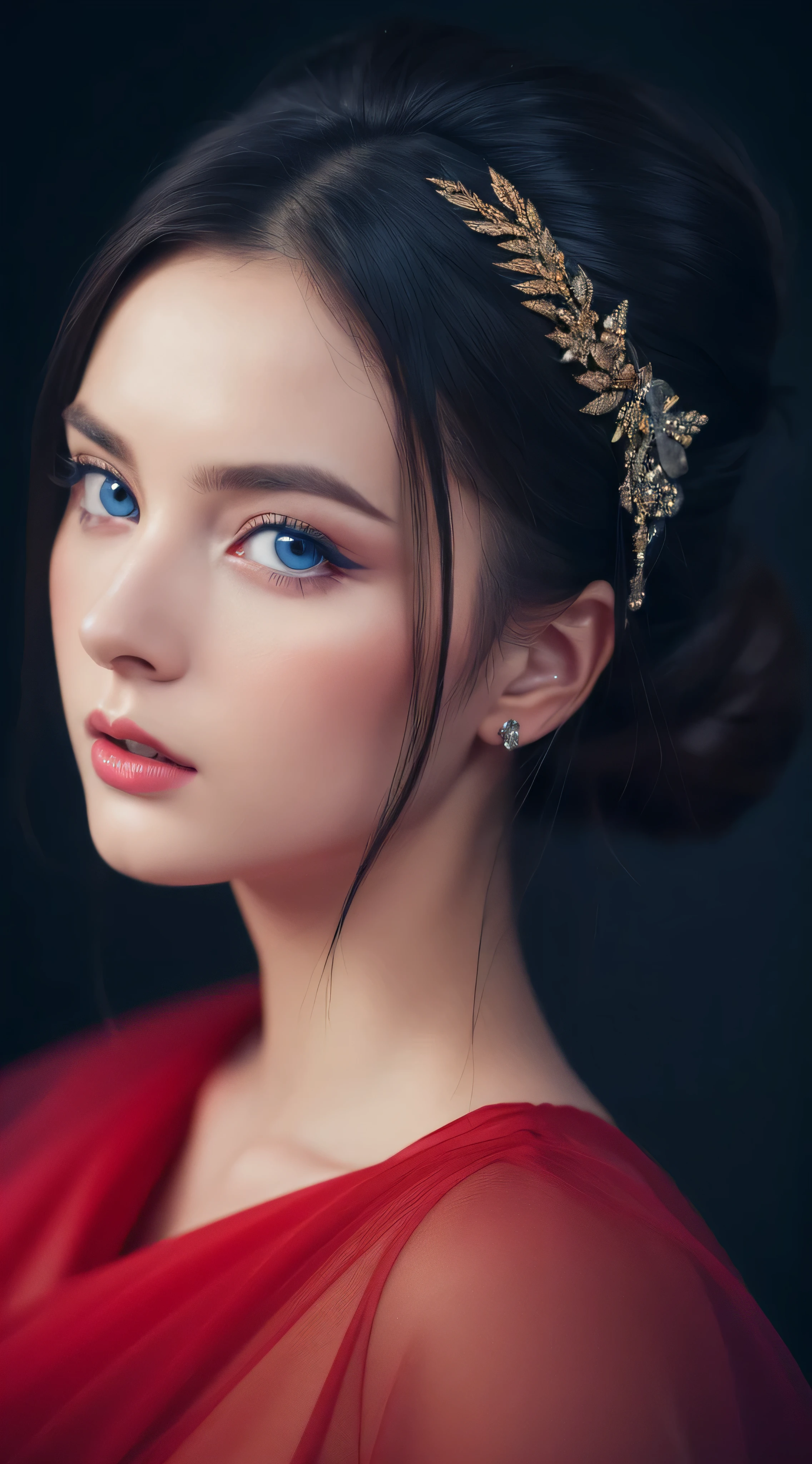 (Best quality,4K,8K,A high resolution,Masterpiece:1.2),Ultra-detailed,(Realistic,Photorealistic,photo-realistic:1.37),beautiful detailed blue eyes,Long black hair in a high bun,Detailed red veil,Portrait,Sharp focus,professional,Vivid colors,Dark background,Studio lighting