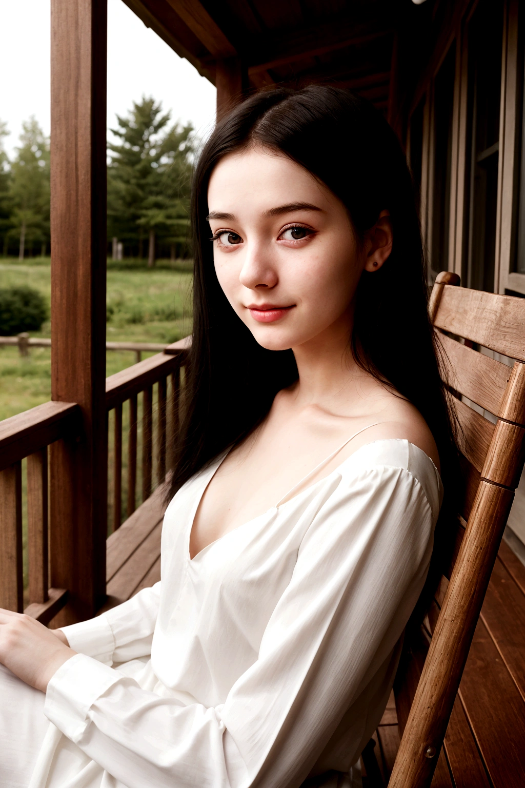A young girl from Northern Europe, 21 years old, happy, cute face, pale skin, black hair, eyeliner, thin nose, wearing a neckline, wooden house porch, sitting on a wood chair
