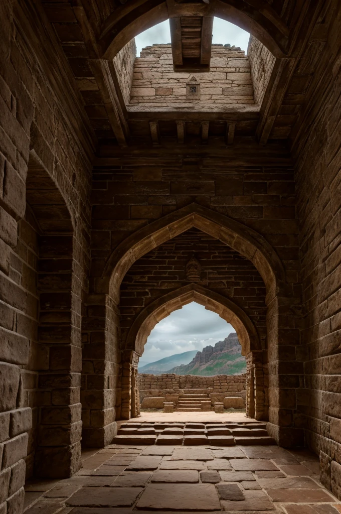 A detailed photo of an old Indian fort, extremely realistic, highly detailed architecture, ancient stone walls, intricate carvings, weathered textures, dramatic lighting, atmospheric mood, wide angle perspective, cinematic composition, muted color palette, warm tones, natural lighting, HDR, 8k, photorealistic, masterpiece, stunning, breathtaking