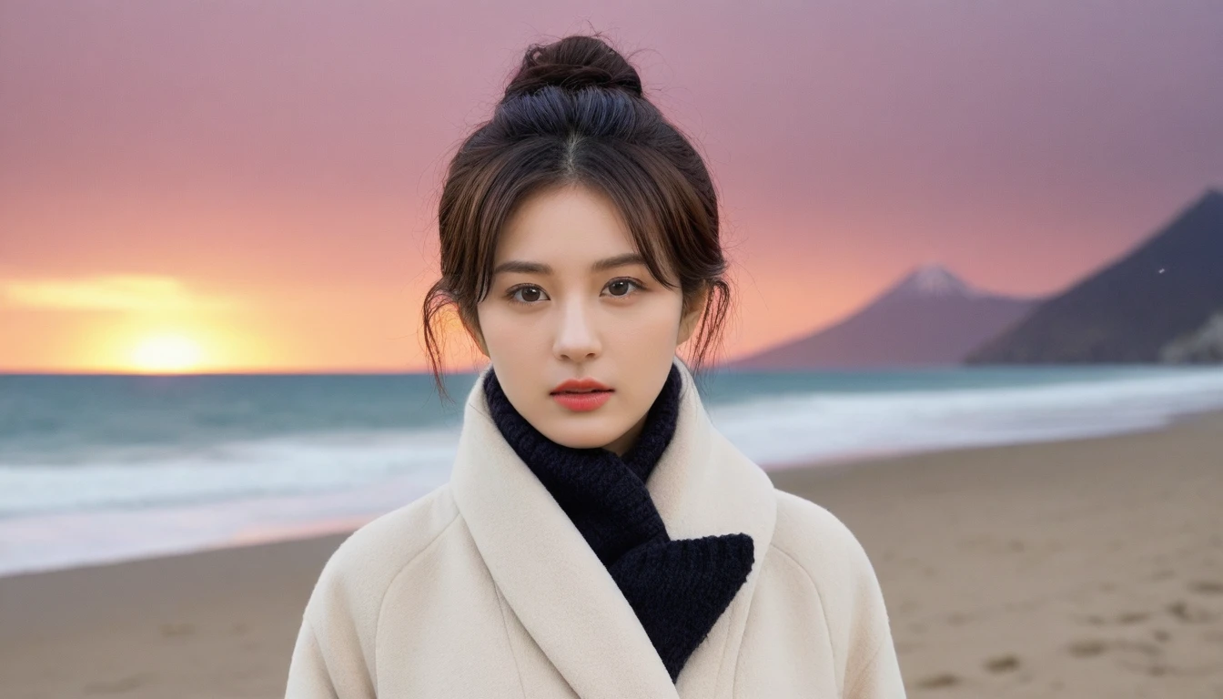 8K, 超high resolution, best quality, masterpiece, surreal, painting,A three-part method, 성숙한 1 woman, (16 years old:1.3), Pretty Woman, Cute face, Beautiful Eyes in Every Detail,Japanese female announcer,(Wearing a long winter coat and scarf、Close-up of thin black double-sided updo:1.5)、(The woman turned around with a very sad expression., Her hair blowing in the wind on a winter beach:1.5)、(blurred background:1.5)、(red sky at sunset:1.5)、(complete anatomy:1.5)、(full hand:1.3)、(full finger:1.3)、realistic、生painting、tabletop、best quality、high resolution、delicate and beautiful、perfect face、beautiful details、fair skin、real human skin、((thin legs))、bold pose,Super cute supermodel、Please look closely at the camera 、vivid details、detailed、surreal、빛과 painting자,strong light,fashion magazine cover,thin lips, Short hair,1 woman, full body shot