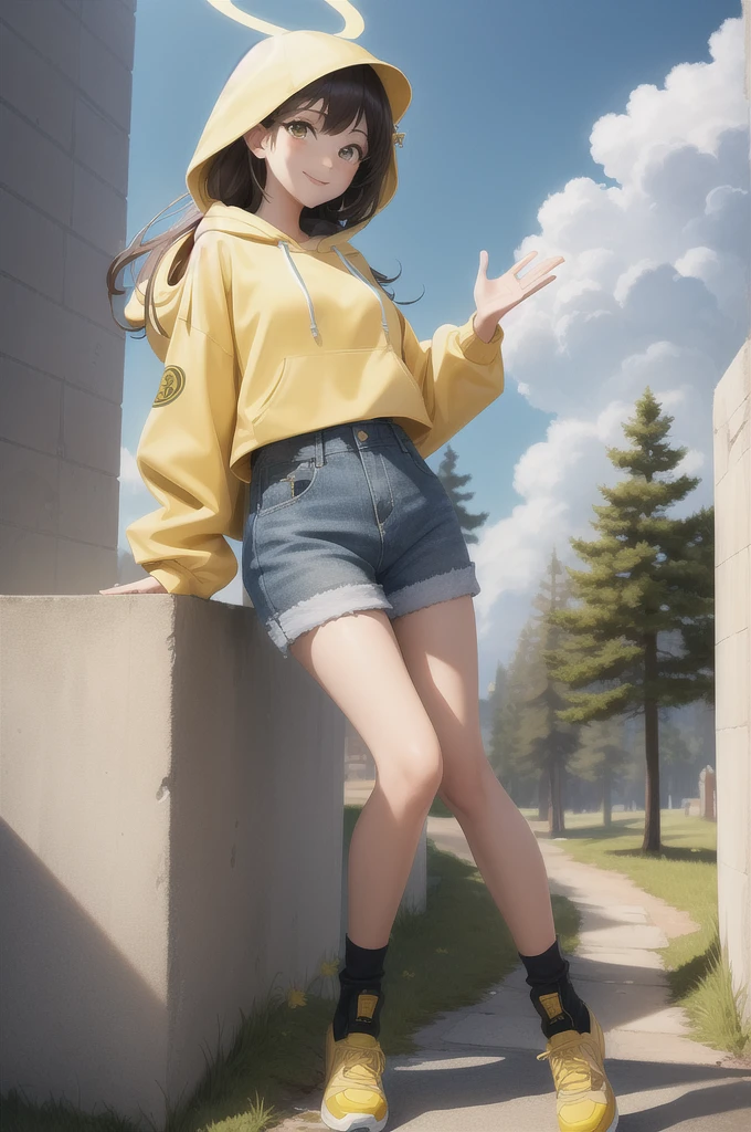 (masterpiece:1.3), (absurdres:1.3), (best quality:1.3), (ultra-detailed:1.3), 1girl, full body, looking at viewer, smile, standing, outdoors, waving, halo,yellow halo, yellow long hair,(yellow hoddie:1.3), black jeans