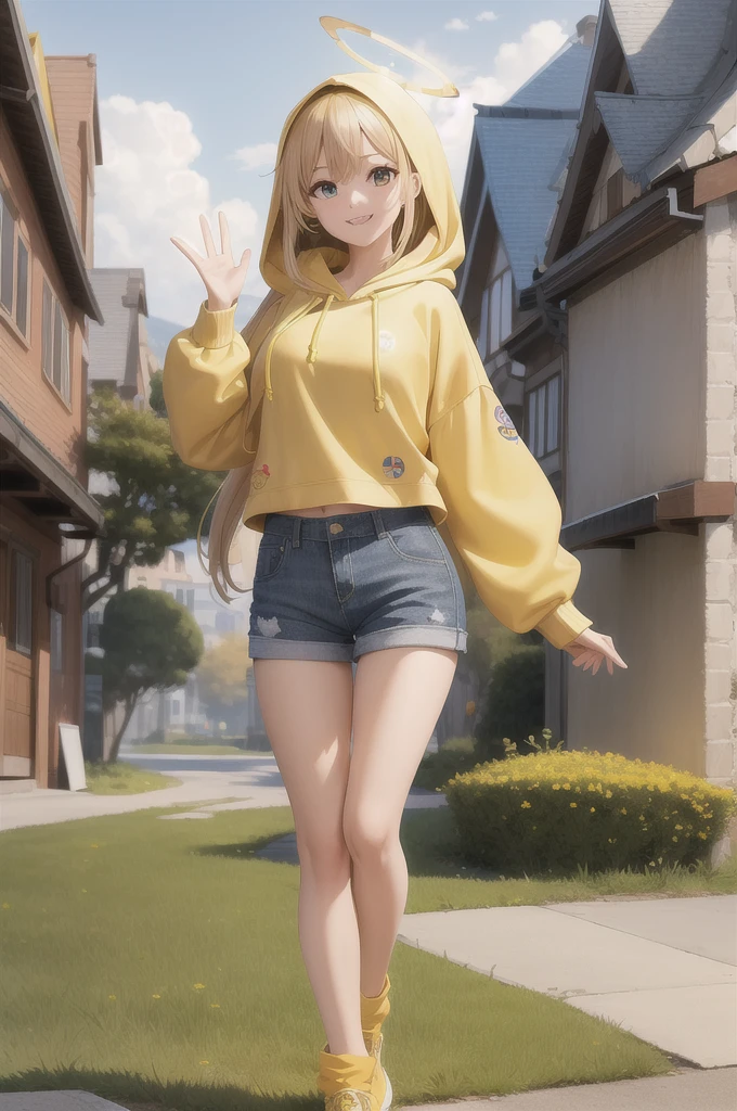 (masterpiece:1.3), (absurdres:1.3), (best quality:1.3), (ultra-detailed:1.3), 1girl, full body, looking at viewer, smile, standing, outdoors, waving, halo,yellow halo, yellow long hair,(yellow hoddie:1.3), black jeans