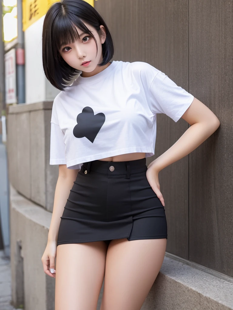 High school girl T-shirt mini skirt black hair bob big breasts big ass plump thighs shiny lining tall super high definition Japanese cute shiny provocative