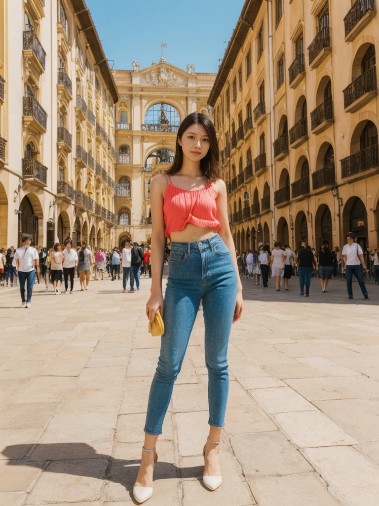 her name is Asako, high quality, 1girl, ((20-year-old fit Caucasian woman)), ((20 years old)), ((slim)), ((Hime Cut)), pose: standing, wearing stylish fashionable Generation-Z modern wear bright colored, BACKGROUND:In the Plaza Mayor, surrounded by grand arcaded buildings and vibrant street performers.