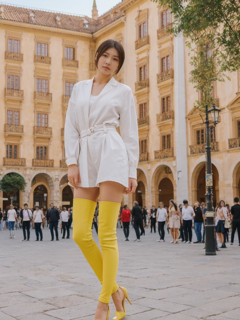 her name is Asako, high quality, 1girl, ((20-year-old fit Caucasian woman)), ((20 years old)), ((slim)), ((Hime Cut)), pose: standing, wearing stylish fashionable Generation-Z modern wear bright colored, BACKGROUND:In the Plaza Mayor, surrounded by grand arcaded buildings and vibrant street performers.