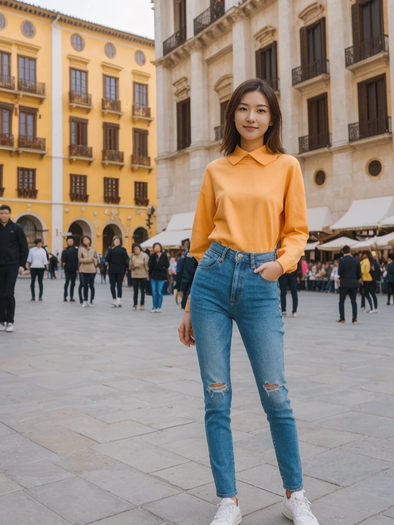 her name is Asako, high quality, 1girl, ((20-year-old fit Caucasian woman)), ((20 years old)), ((slim)), ((Hime Cut)), pose: standing, wearing stylish fashionable Generation-Z modern wear bright colored, BACKGROUND:In the Plaza Mayor, surrounded by grand arcaded buildings and vibrant street performers.
