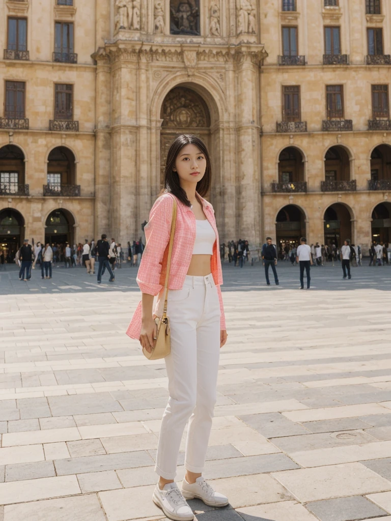 her name is Asako, high quality, 1girl, ((20-year-old fit Caucasian woman)), ((20 years old)), ((slim)), ((Hime Cut)), pose: standing, wearing stylish fashionable Generation-Z modern wear bright colored, BACKGROUND:In the Plaza Mayor, surrounded by grand arcaded buildings and vibrant street performers.