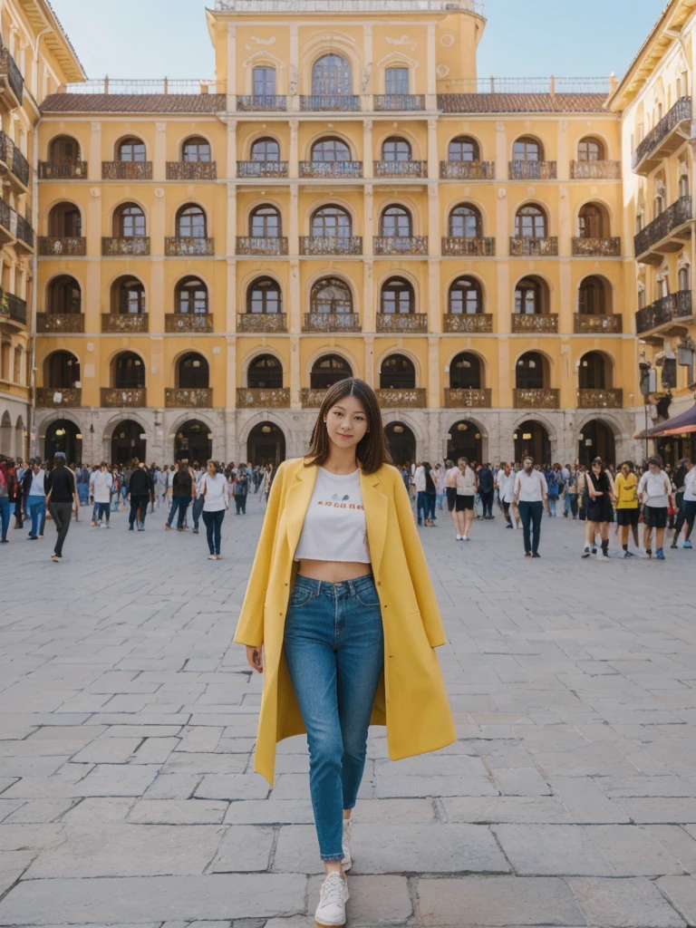 her name is Asako, high quality, 1girl, ((20-year-old fit Caucasian woman)), ((20 years old)), ((slim)), ((Hime Cut)), pose: standing, wearing stylish fashionable Generation-Z modern wear bright colored, BACKGROUND:In the Plaza Mayor, surrounded by grand arcaded buildings and vibrant street performers.
