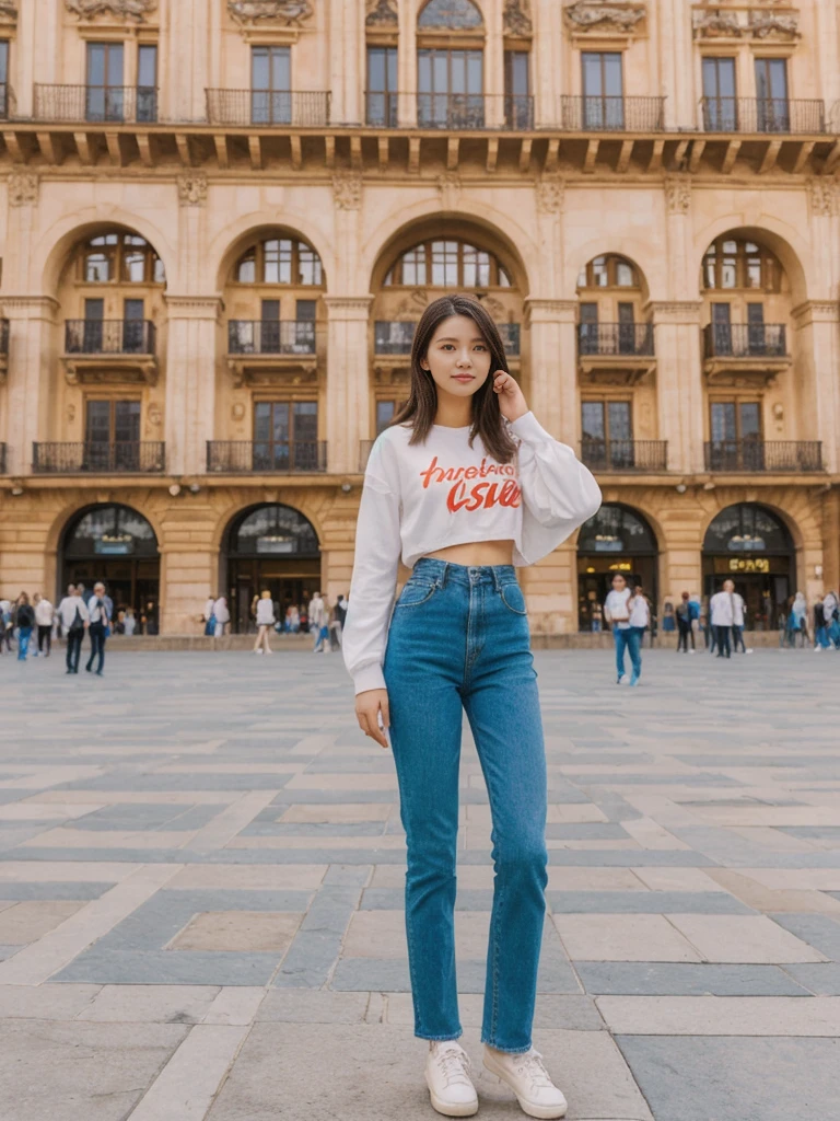 her name is Asako, high quality, 1girl, ((20-year-old fit Caucasian woman)), ((20 years old)), ((slim)), ((Hime Cut)), pose: standing, wearing stylish fashionable Generation-Z modern wear bright colored, BACKGROUND:In the Plaza Mayor, surrounded by grand arcaded buildings and vibrant street performers.