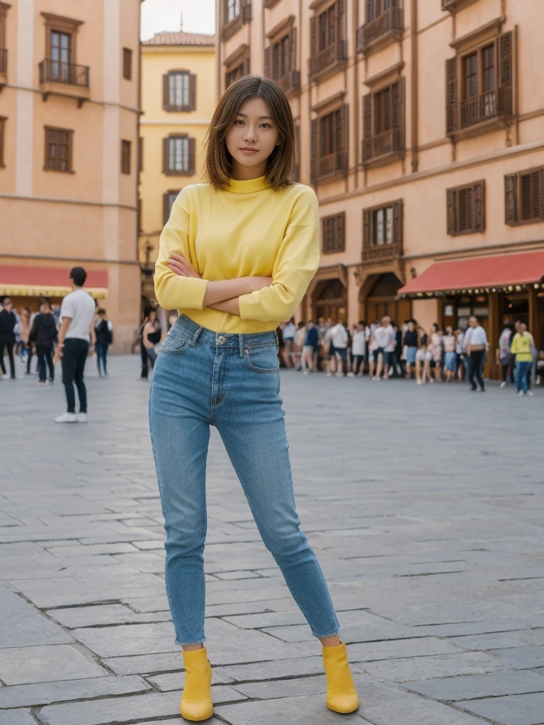 her name is Asako, high quality, 1girl, ((20-year-old fit Caucasian woman)), ((20 years old)), ((slim)), ((Hime Cut)), pose: standing, wearing stylish fashionable Generation-Z modern wear bright colored, BACKGROUND:In the Plaza Mayor, surrounded by grand arcaded buildings and vibrant street performers.