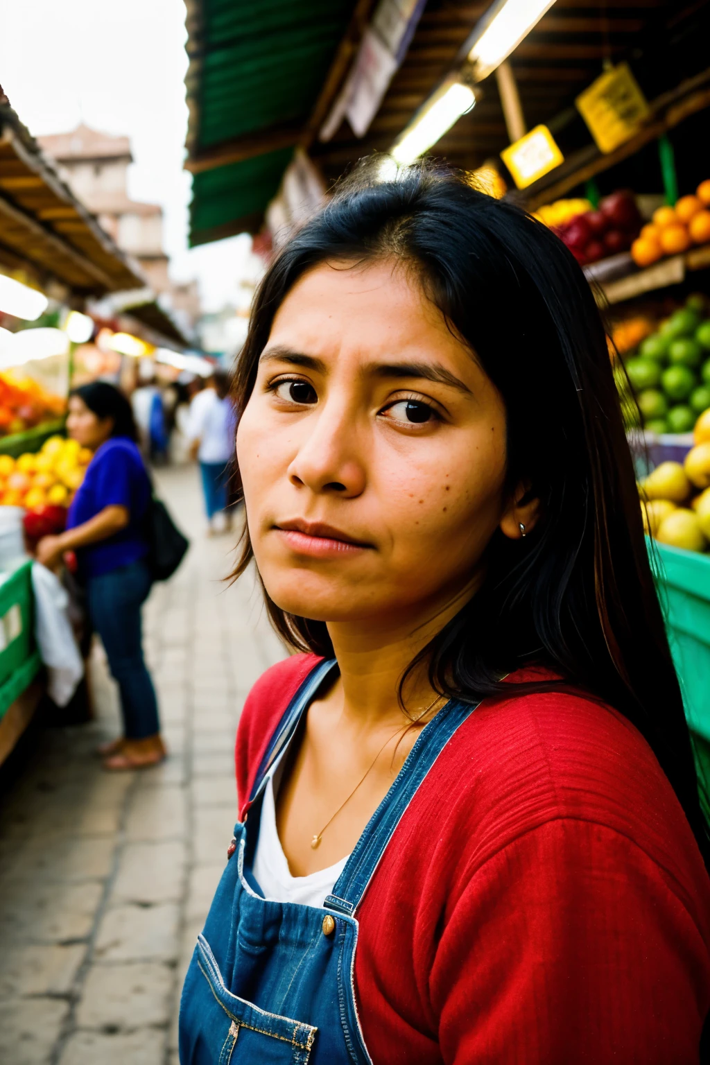 A beautiful but simple woman from Peru bought fruit in a market with a lost look., tired on her back looking out of the corner of her eye at the camera lost in her surroundings, and depressed scene (no vivid colors)
go to hell
