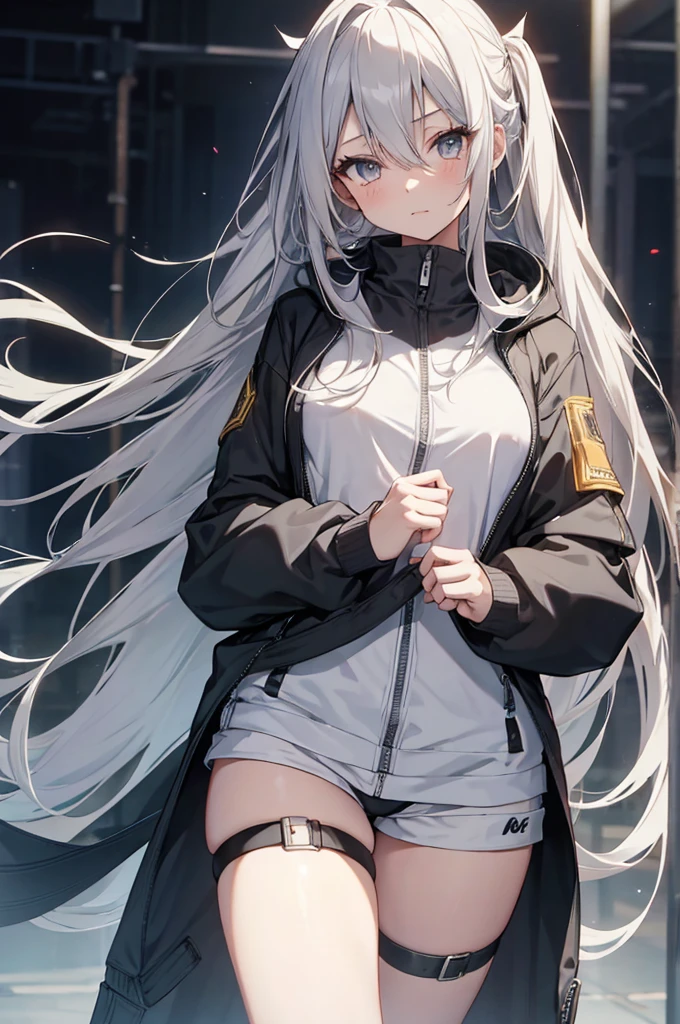 1girl, {Solitary}, Upper Body ,{{ {Watching at viewer}}}, Arms at your sides, Concept Art, white Background, simple Background, White hair, Silver gradient hair , Composite cloth, Asymmetrical clothes, Virtual YouTuber, best quality, masterpiece, Dynamic Angle, guilty gear, guilty gear, guilty gear, cowboy_shooting, Watching_Back, grab, girl,Miss,woman, young,20 years old, Very long hair, Hair , Silver Hair, Flowing hair, Ahog, giggle, Beautiful and delicate golden eyes, teeth, Moderate_breaonde eyes, White skin, hoodie, Black_shorts, Gray clothes, transparent_Background, Backlighting, absurd, high resolution, Extremely detailed,sweater,No pants