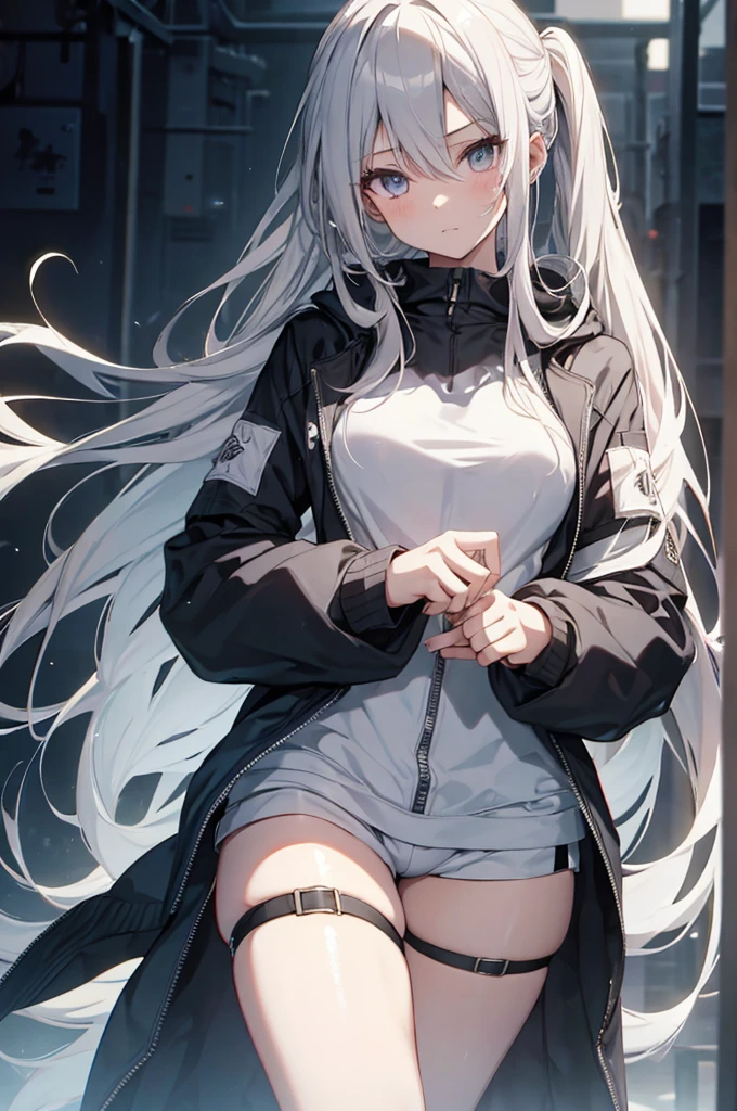 1girl, {Solitary}, Upper Body ,{{ {Watching at viewer}}}, Arms at your sides, Concept Art, white Background, simple Background, White hair, Silver gradient hair , Composite cloth, Asymmetrical clothes, Virtual YouTuber, best quality, masterpiece, Dynamic Angle, guilty gear, guilty gear, guilty gear, cowboy_shooting, Watching_Back, grab, girl,Miss,woman, young,20 years old, Very long hair, Hair Flip, Silver Hair, Flowing hair, Ahog, giggle, Beautiful and delicate golden eyes, teeth, Moderate_breast, Blonde eyes, White skin, hoodie, Black_shorts, Gray clothes, transparent_Background, Backlighting, absurd, high resolution, Extremely detailed,sweater,No pants