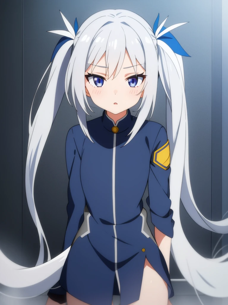1girl, anime girl, silver hair, long twintails, silver eyes, dark blue school suit