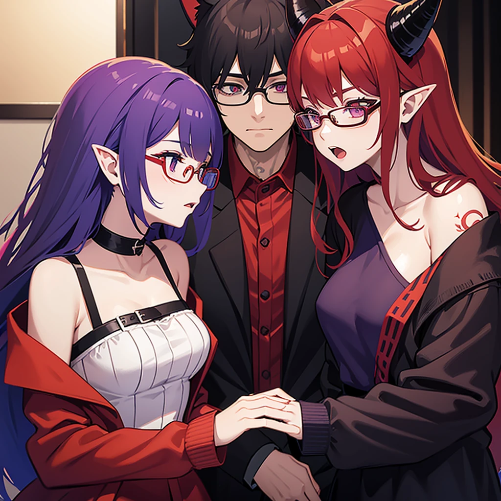 Two girls in red and purple play with a guy in black clothes and glasses, The girl in red has elf ears, the girl in purple has cat ears, the guy has horns, Tattoos, purple eyes, green eyes,Red eyes, romance,